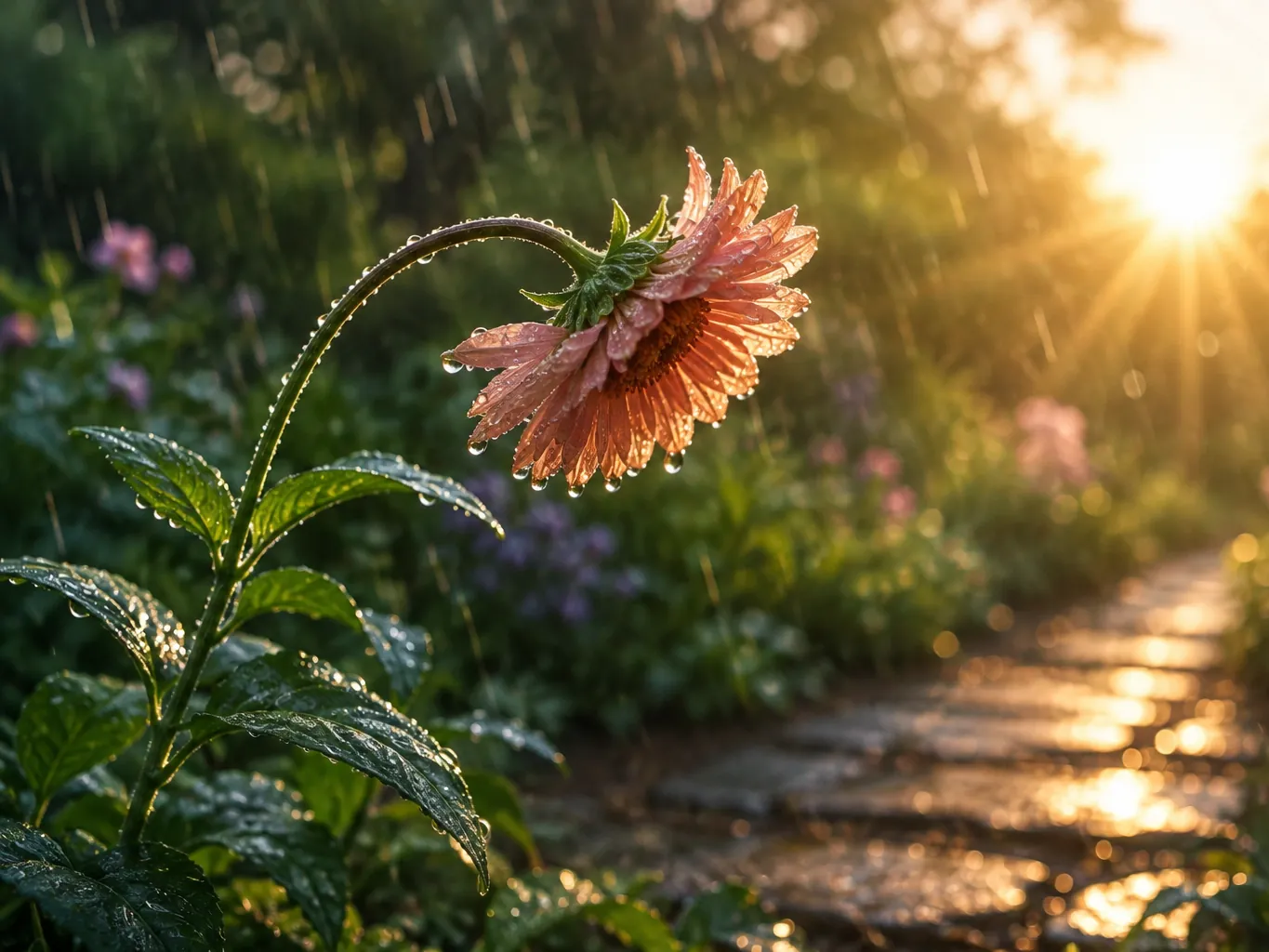 A rain-soaked flower bending toward a sunlit garden path