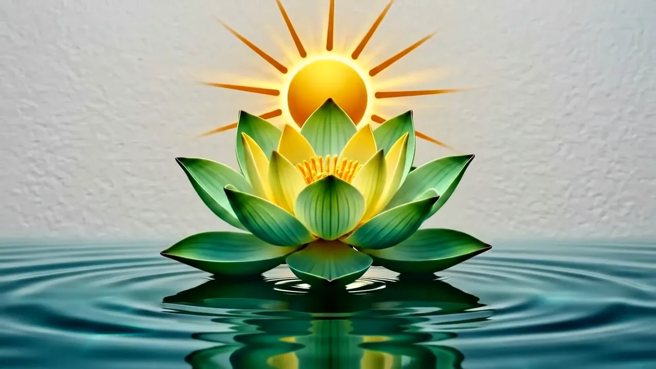 The Prep For Prosperity lotus above still water, with the sun rising behind it